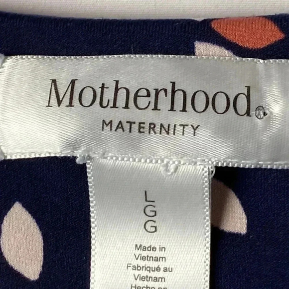 MOTHERHOOD MATERNITY WO SIZE LARGE WRAP DRESS NAVY W/ SALMON AND CREAM DESIGN - Picture 4 of 12